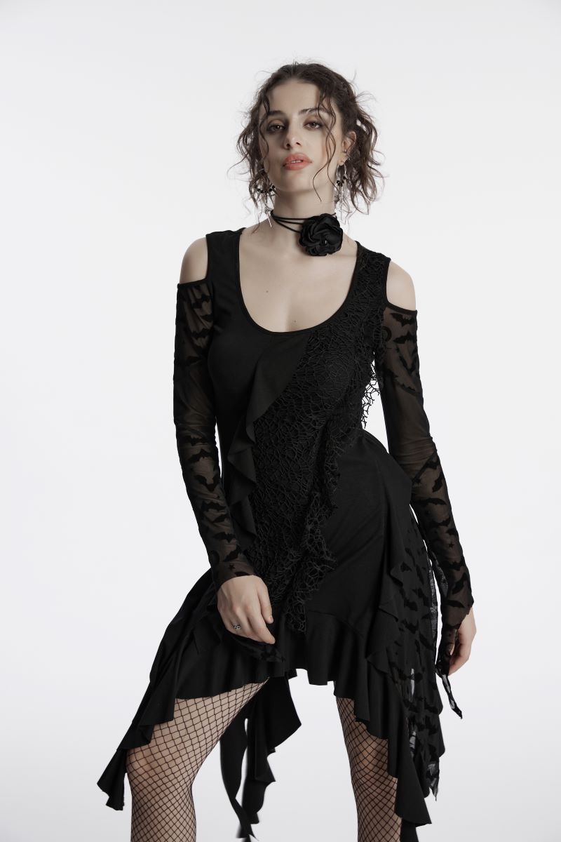 Schwarzes kurzes Kleid Romantic Dystopia Dress mit Meshärmeln von Punk Rave