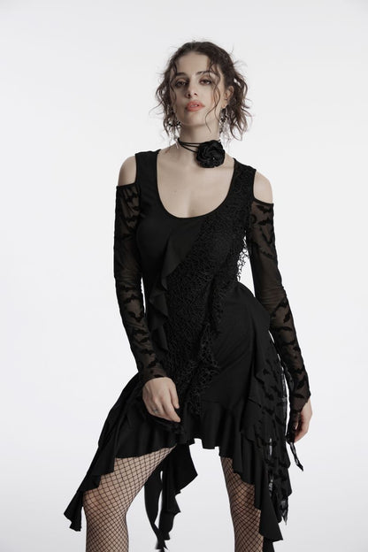 Schwarzes kurzes Kleid Romantic Dystopia Dress mit Meshärmeln von Punk Rave