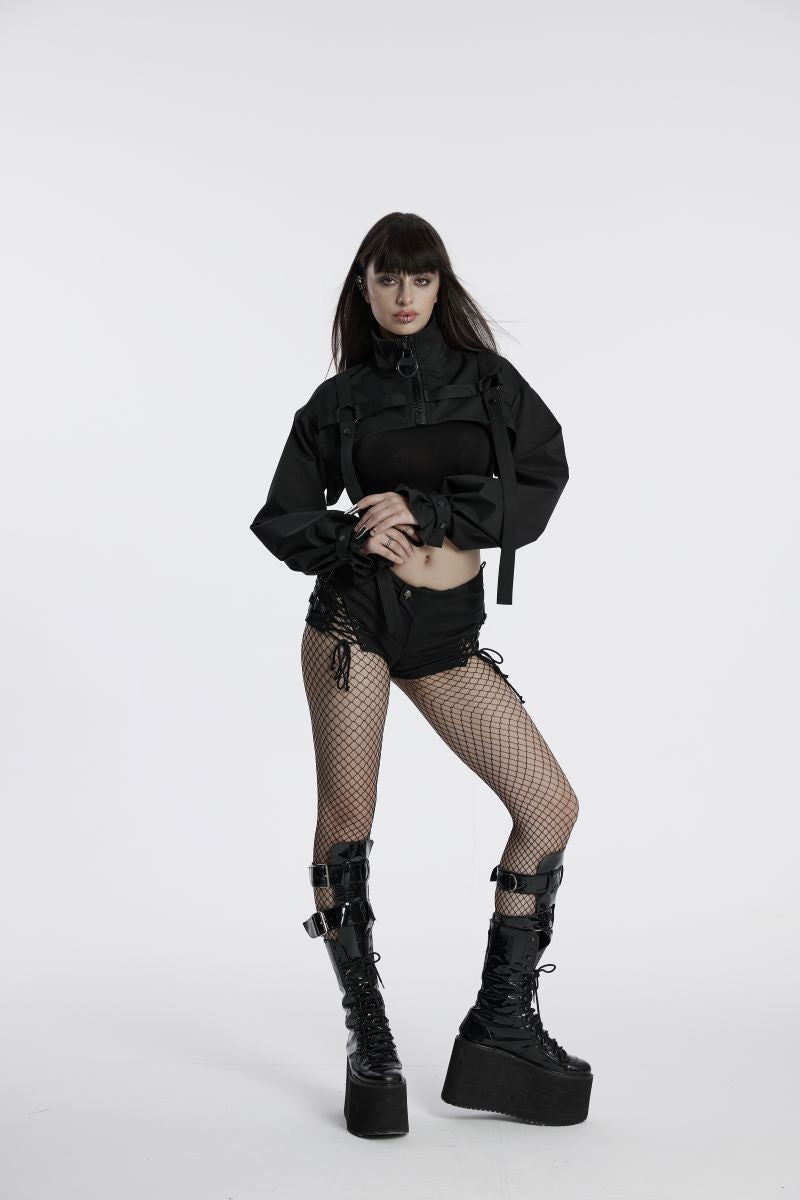 Schwarze Bolerojacke Tactical Dolly Shrug&nbsp; mit großem Reißverschluss and er Vorderseite von Punk Rave