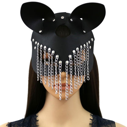 Schwarze Kunstledermaske KITTY CHAIN MASK mit Katzenohren und Zierketten von Moon Attic