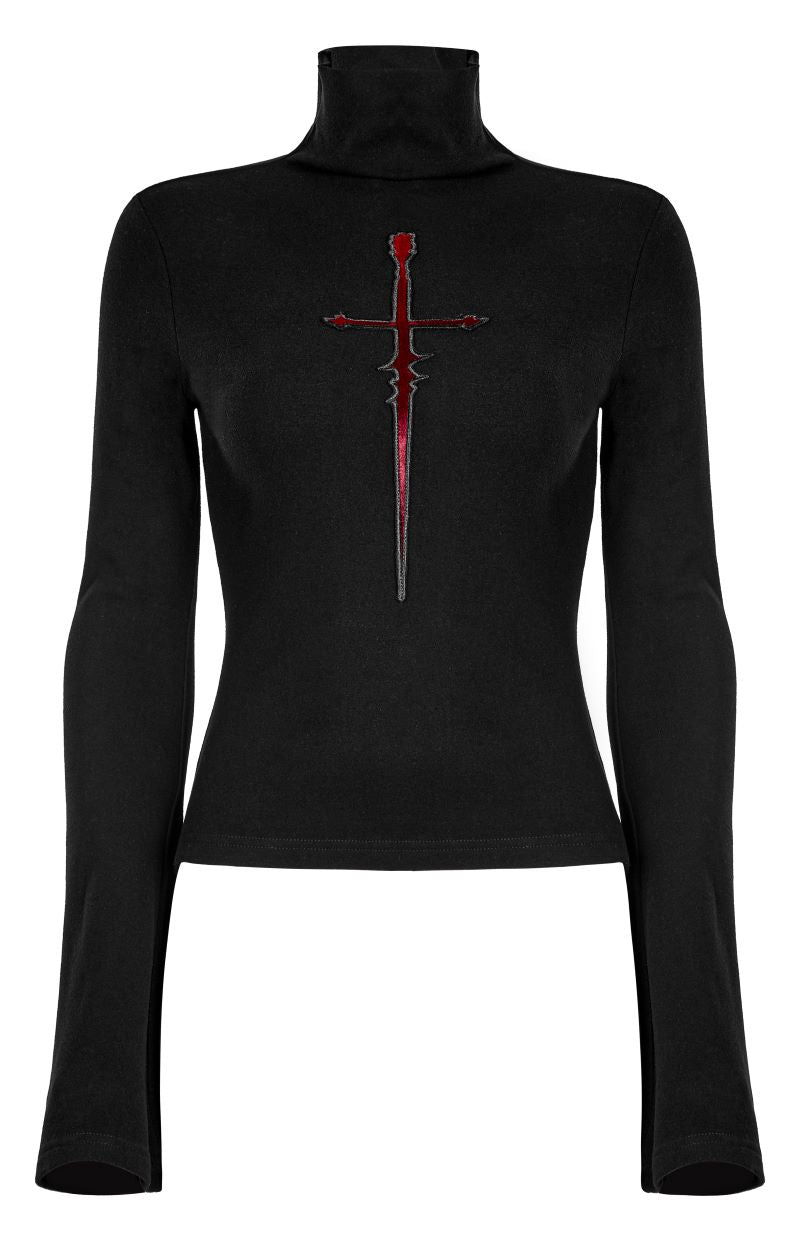 Schwarzes Langarmshirt Vampire's Dagger Top mit rotem Dolchdetail von Punk Rave