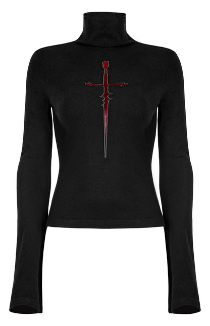Schwarzes Langarmshirt Vampire's Dagger Top mit rotem Dolchdetail von Punk Rave