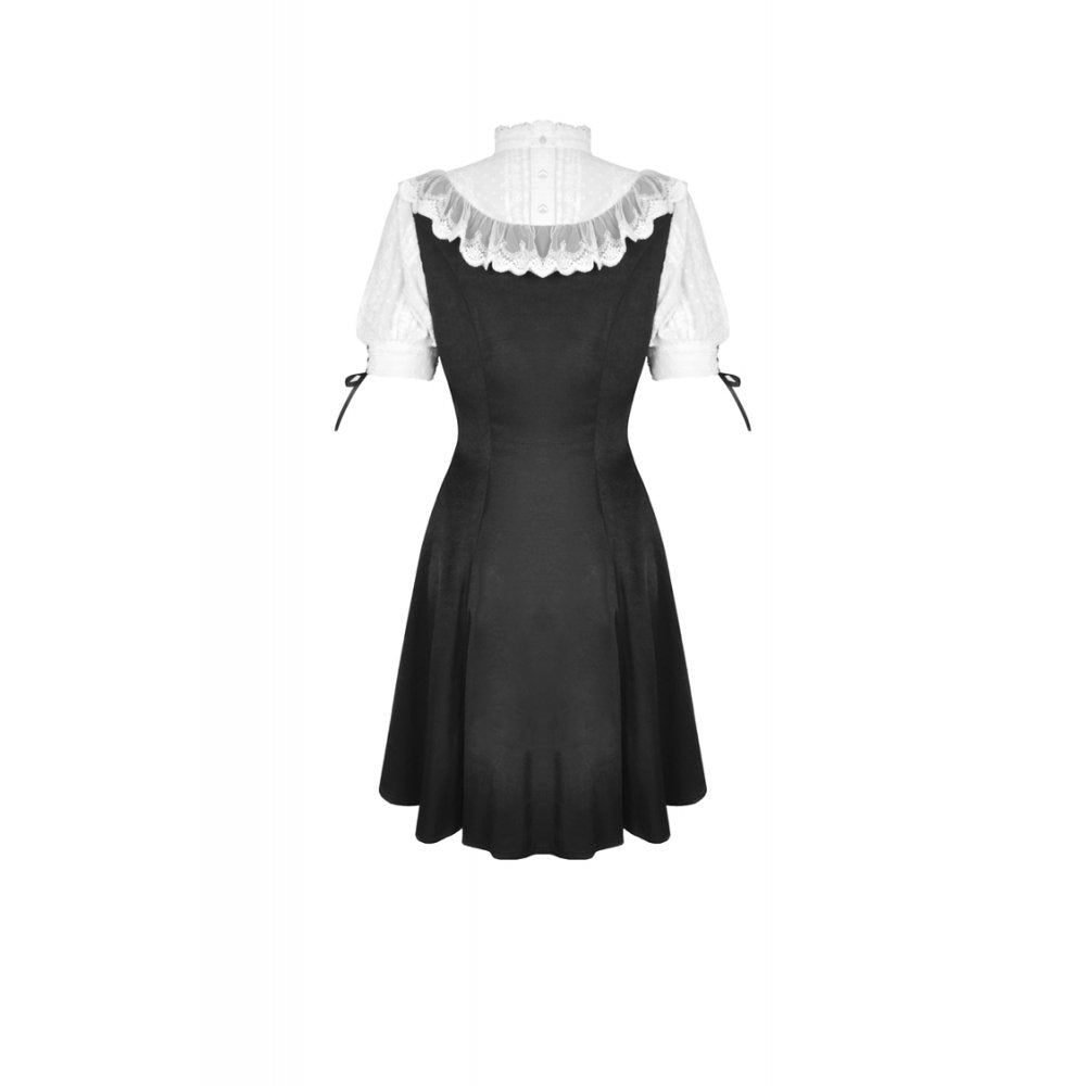 Schwarzes, kurzes Kleid Gothic Lolita Doll Dress mit weißen Spitzeneinsätzen und Rüschenärmeln von Dark In Love