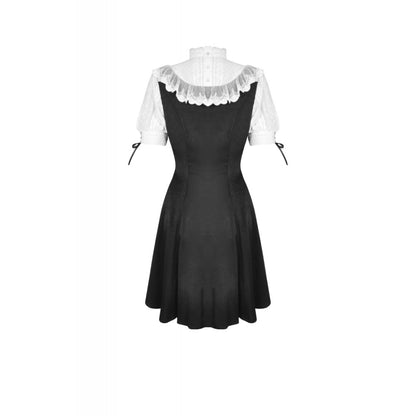 Schwarzes, kurzes Kleid Gothic Lolita Doll Dress mit weißen Spitzeneinsätzen und Rüschenärmeln von Dark In Love