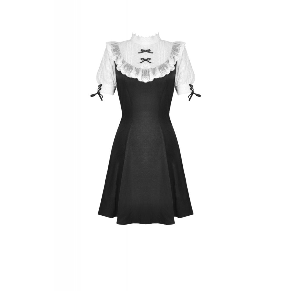 Schwarzes, kurzes Kleid Gothic Lolita Doll Dress mit weißen Spitzeneinsätzen und Rüschenärmeln von Dark In Love