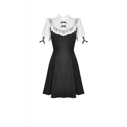 Schwarzes, kurzes Kleid Gothic Lolita Doll Dress mit weißen Spitzeneinsätzen und Rüschenärmeln von Dark In Love
