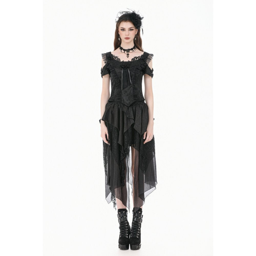 Schwarzes Oberteil Gothic Court-Style Top mit Spitzenbesatz und Rosendetails von Dark In Love
