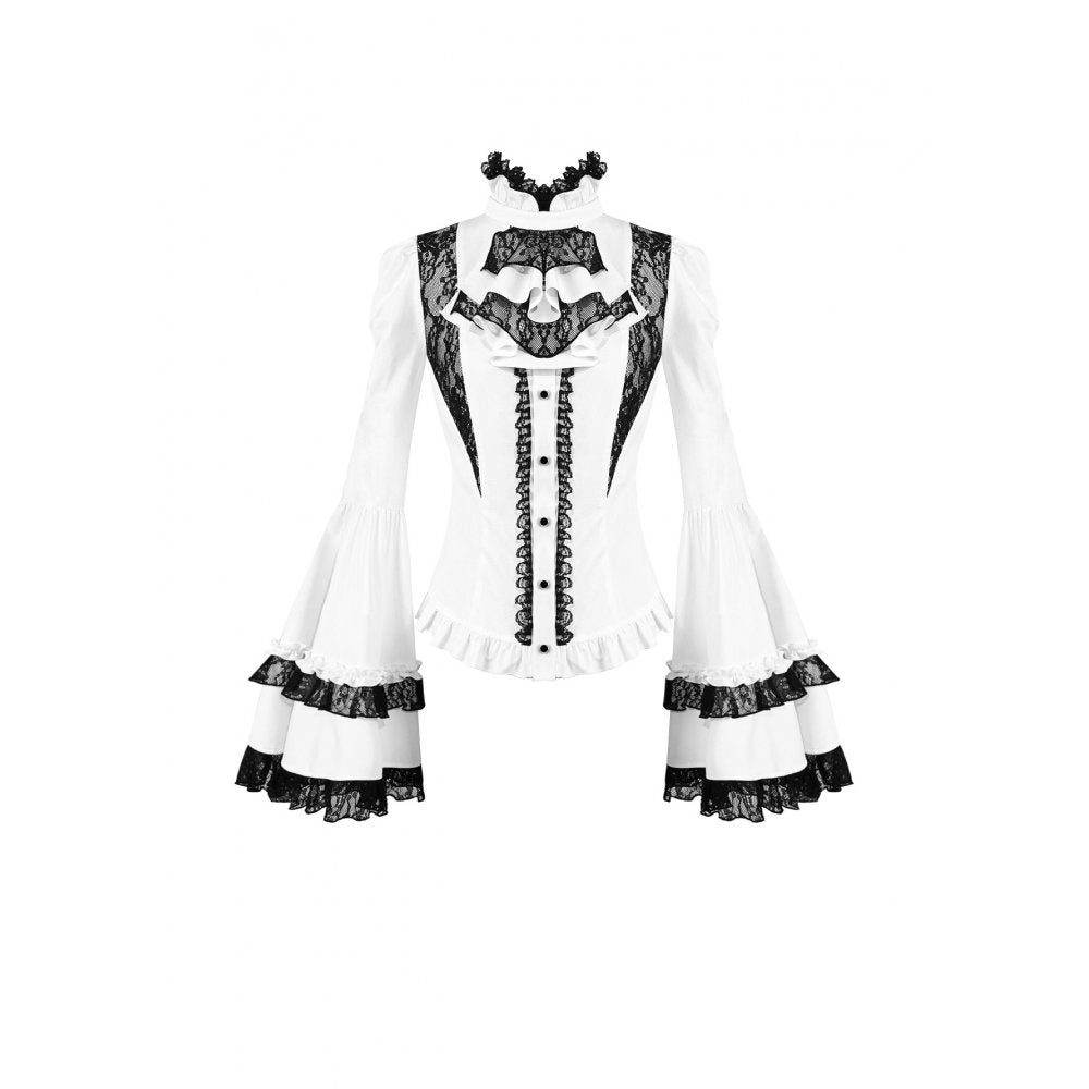 Weiße Bluse Chiaroscuro Symphony Blouse mit schwarzen Spitzendetails und Glockenärmeln von Dark In Love