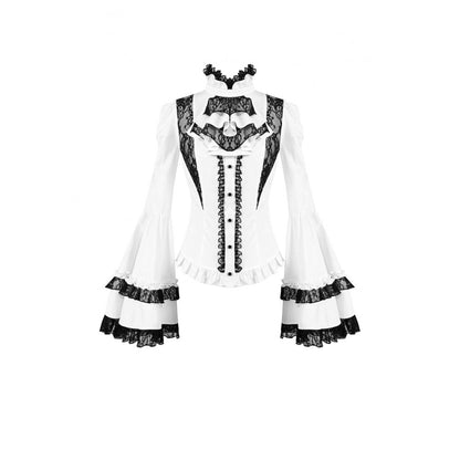 Weiße Bluse Chiaroscuro Symphony Blouse mit schwarzen Spitzendetails und Glockenärmeln von Dark In Love