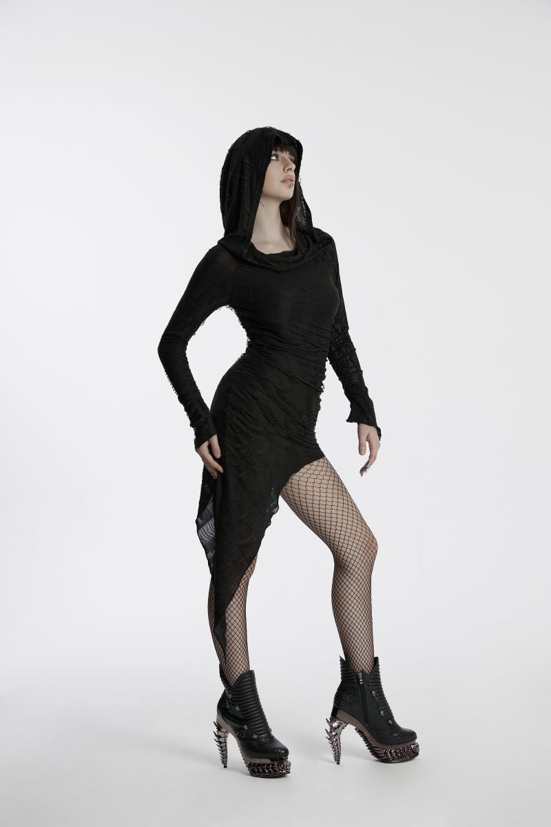 Schwarzes, langärmliges Minikleid DECADENT DREAMER DRESS im Used-Look mit Kapuze und asymmetrischem Saum von Punk Rave