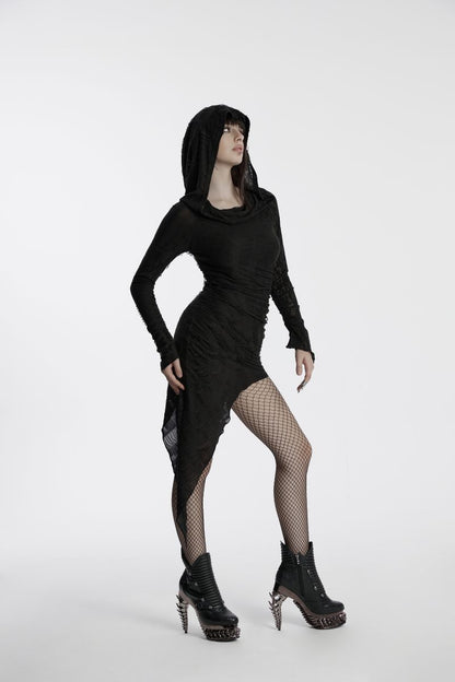 Schwarzes, langärmliges Minikleid DECADENT DREAMER DRESS im Used-Look mit Kapuze und asymmetrischem Saum von Punk Rave
