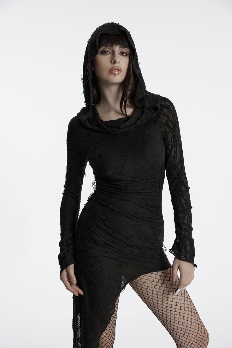 Schwarzes, langärmliges Minikleid DECADENT DREAMER DRESS im Used-Look mit Kapuze und asymmetrischem Saum von Punk Rave