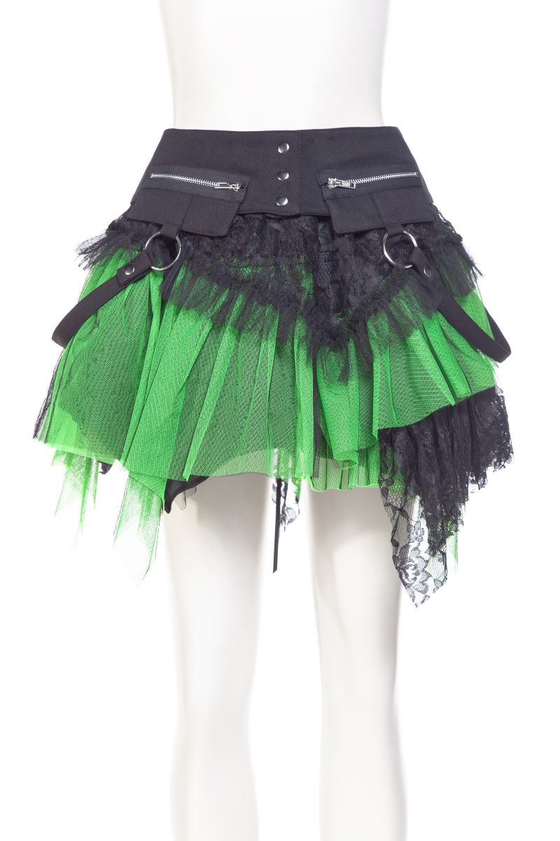 Kurzer Rock Amelia Skirt black/green mit grünem Stoffelement von Punk Rave