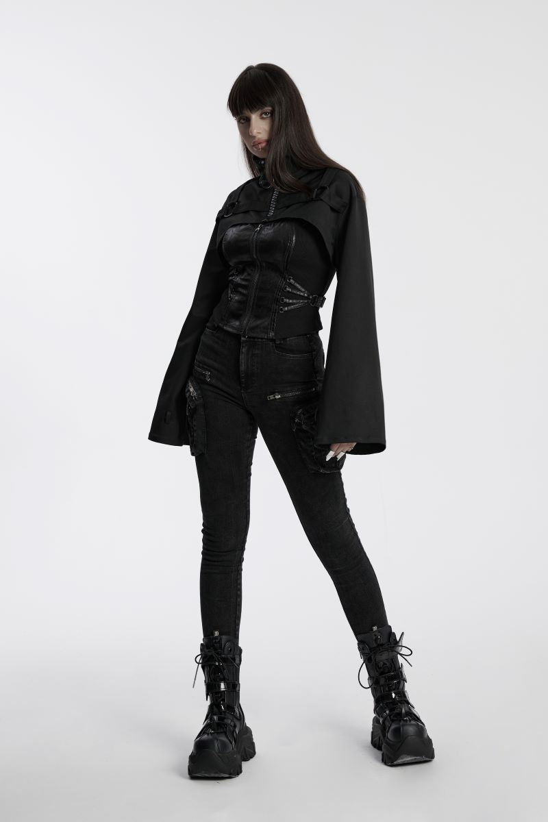 Schwarze Bolerojacke Tactical Dolly Shrug&nbsp; mit großem Reißverschluss and er Vorderseite von Punk Rave