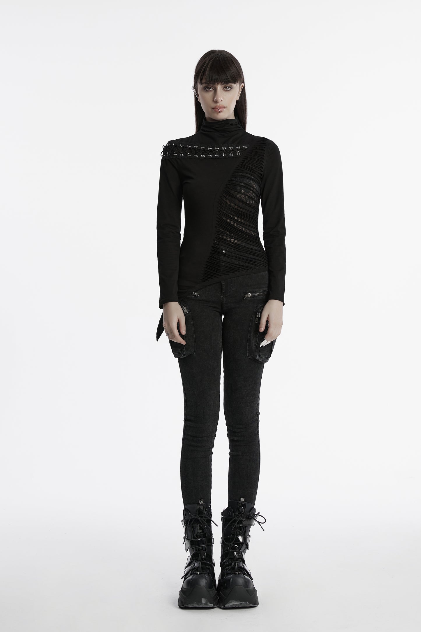 Schwarzes Gothic-Langarmshirt MURDERDOLL TOP mit Stehkragen und asymmetrischem Design von Punk Rave