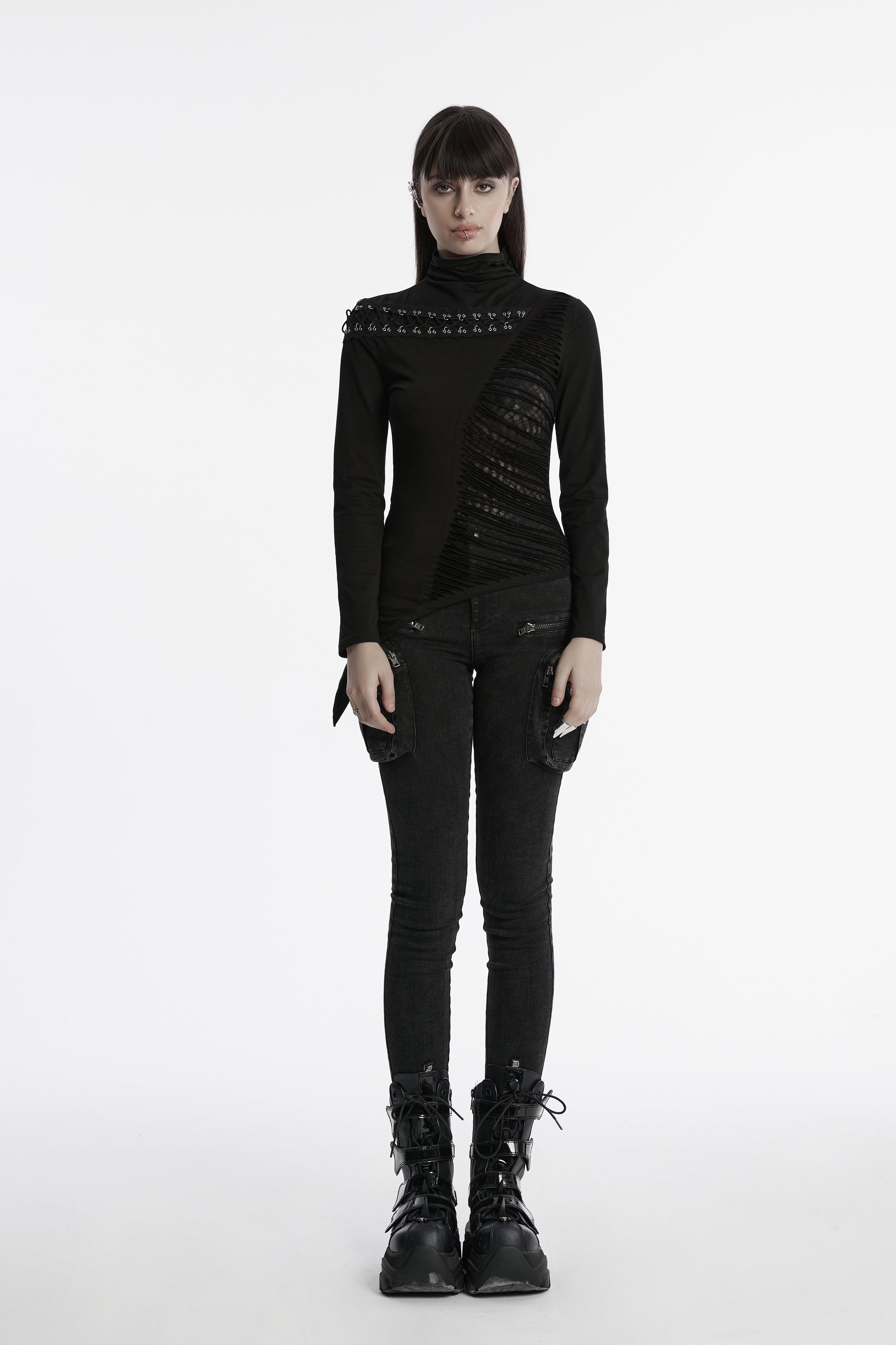 Schwarzes Gothic-Langarmshirt MURDERDOLL TOP mit Stehkragen und asymmetrischem Design von Punk Rave