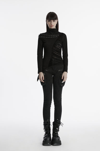 Schwarzes Gothic-Langarmshirt MURDERDOLL TOP mit Stehkragen und asymmetrischem Design von Punk Rave
