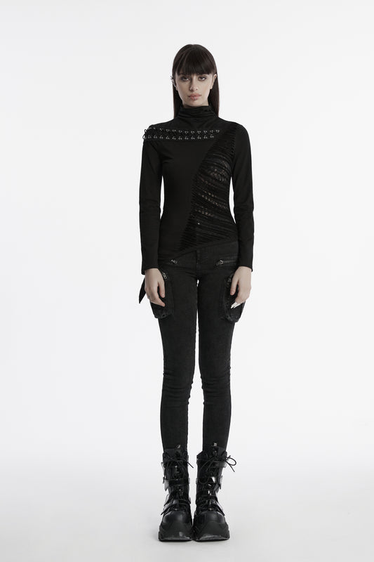 Schwarzes Gothic-Langarmshirt MURDERDOLL TOP mit Stehkragen und asymmetrischem Design von Punk Rave