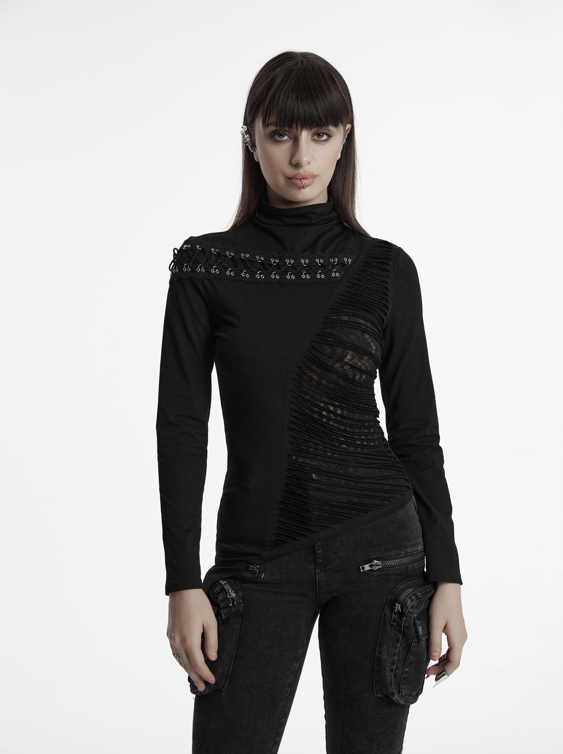 Schwarzes Gothic-Langarmshirt MURDERDOLL TOP mit Stehkragen und asymmetrischem Design von Punk Rave