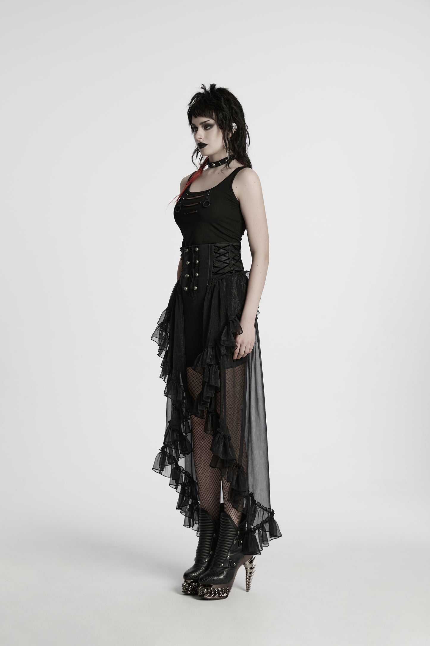 Romantischer, schwarzer Gothic-Korsettrock MYSTIC MAIDEN CORSET SKIRT mit Chiffon-Overlay von Punk Rave