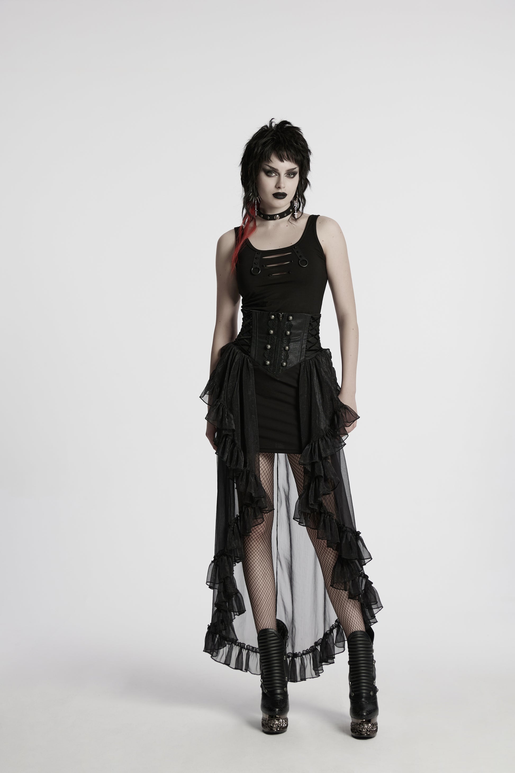 Romantischer, schwarzer Gothic-Korsettrock MYSTIC MAIDEN CORSET SKIRT mit Chiffon-Overlay von Punk Rave