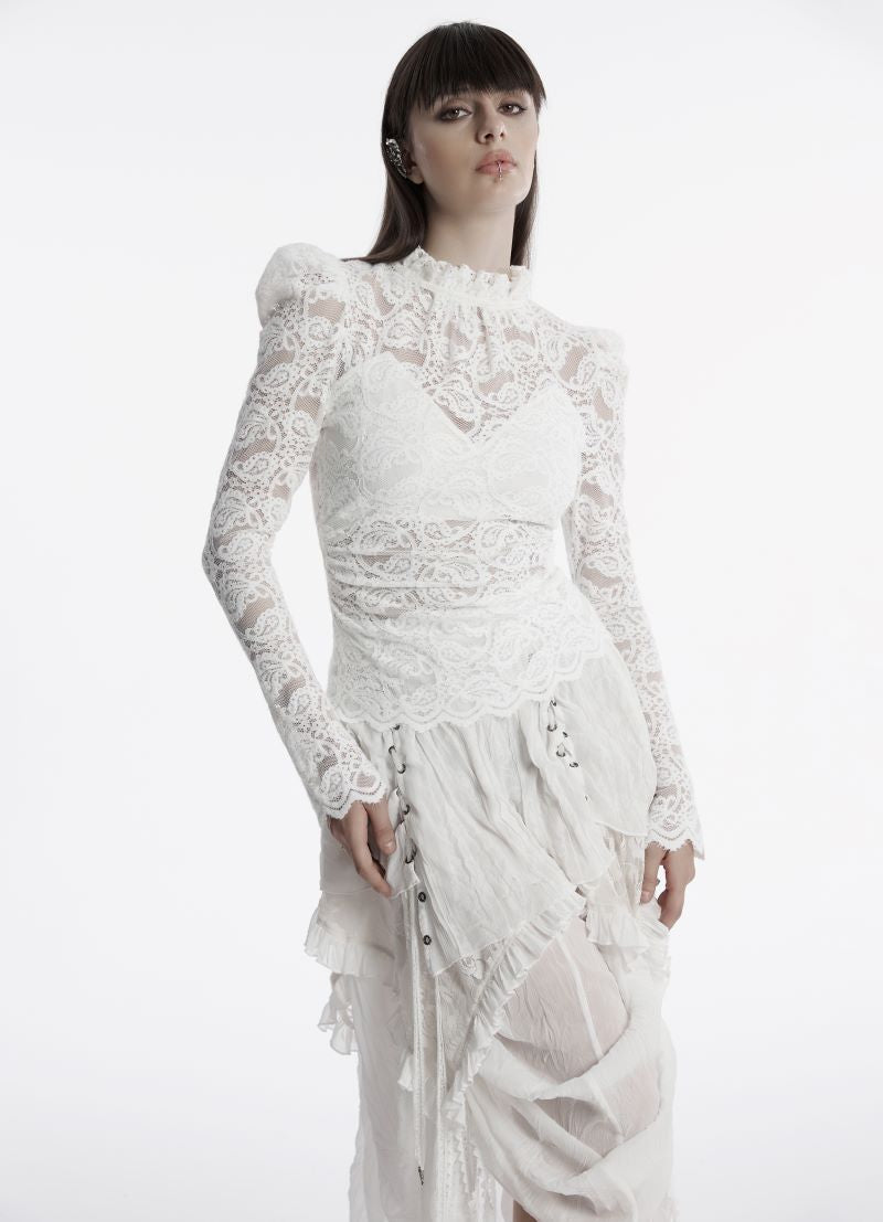 Weißes Spitzenshirt Daydreamer White Lace Top mit Paisley Muster von Punk Rave