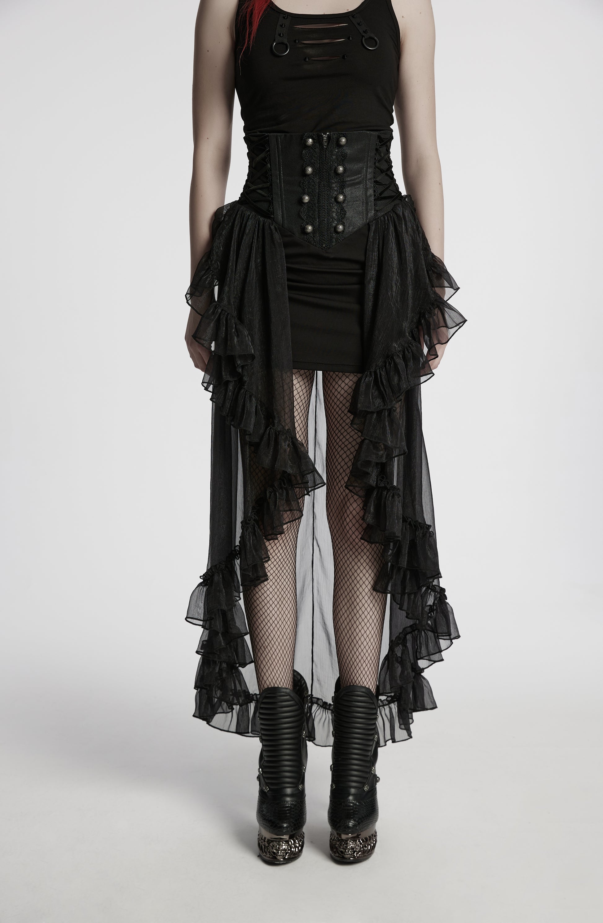 Romantischer, schwarzer Gothic-Korsettrock MYSTIC MAIDEN CORSET SKIRT mit Chiffon-Overlay von Punk Rave