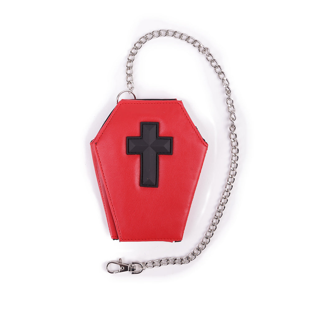Rotes, sargförmiges Portemonnaie mit schwarzem Kreuz und Schlüsselkette