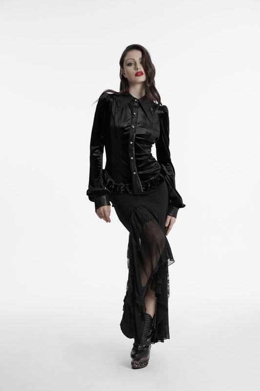 Schwarze Bluse Nemesea Black Velvet Shirt mit Fledermausflügel Kragen von Punk Rave