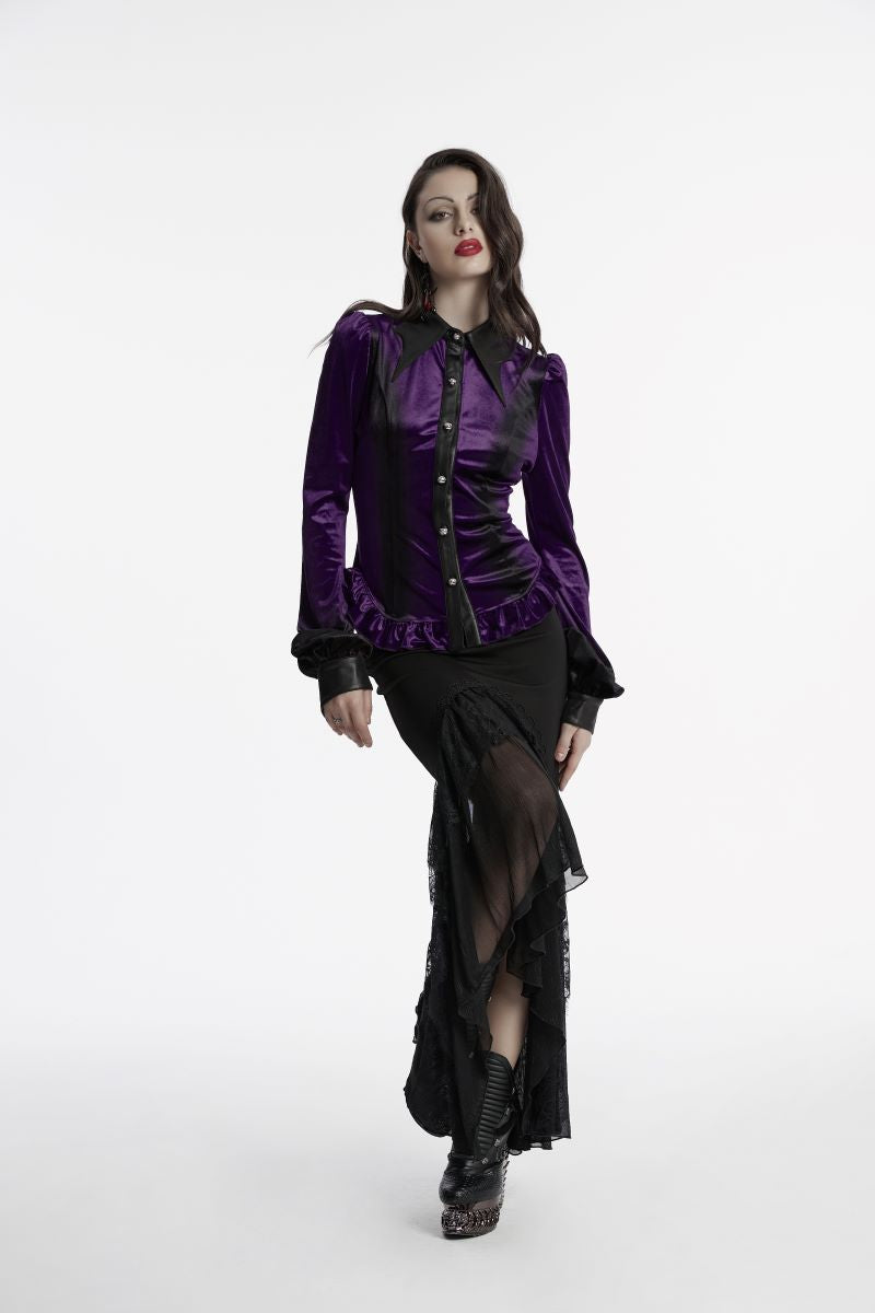 Lilane Bluse Nemesea Gradient Purple Velvet Shirt mit Fledermausflügel Kragen von Punk Rave
