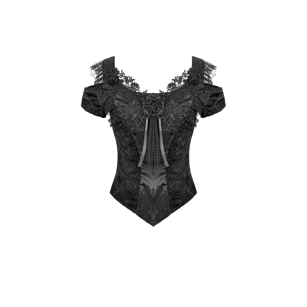 Schwarzes Oberteil Gothic Court-Style Top mit Spitzenbesatz und Rosendetails von Dark In Love