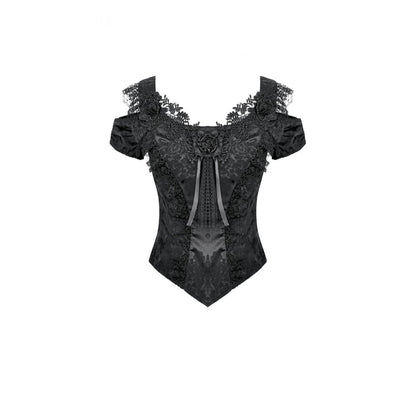Schwarzes Oberteil Gothic Court-Style Top mit Spitzenbesatz und Rosendetails von Dark In Love