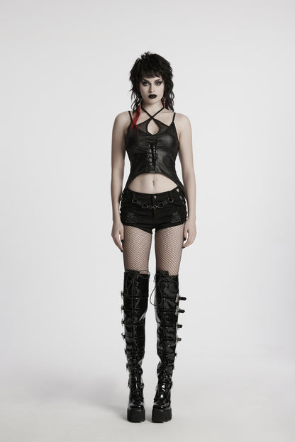 Schwarze Jeansshorts VULTURE DRIP SHORTS im Used-Look mit Schnürung, Nieten und Kettenriemen von Punk Rave