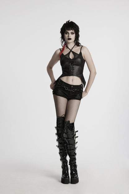 Schwarze Jeansshorts VULTURE DRIP SHORTS im Used-Look mit Schnürung, Nieten und Kettenriemen von Punk Rave