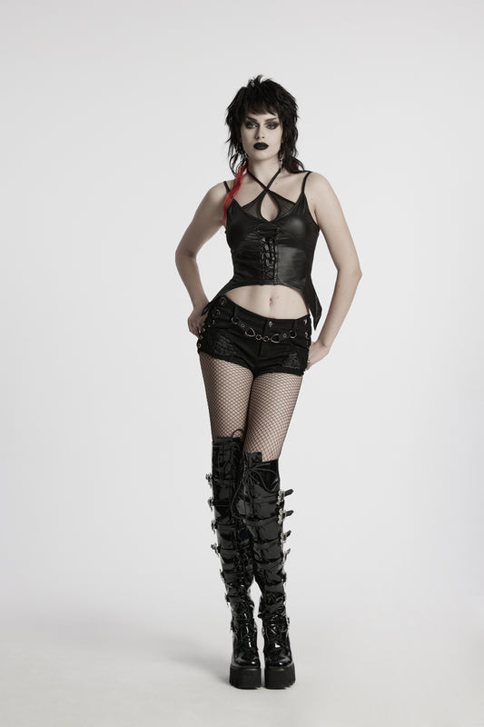 Schwarze Jeansshorts VULTURE DRIP SHORTS im Used-Look mit Schnürung, Nieten und Kettenriemen von Punk Rave