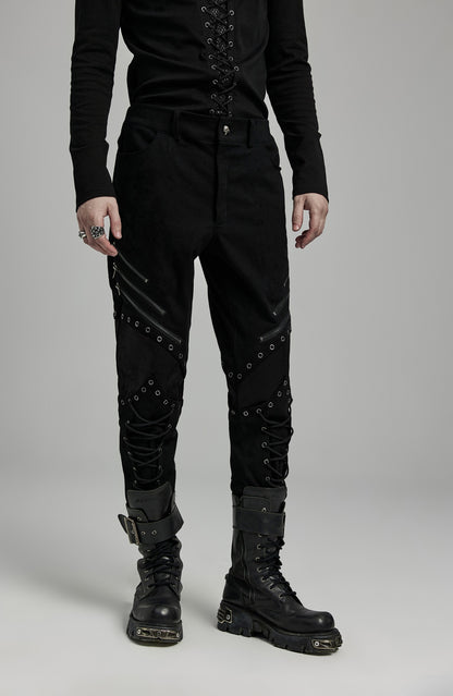 Schwarze Hose ANAKREON TROUSERS mit Schnürdetails und Kunstledereinsätzen von Punk Rave