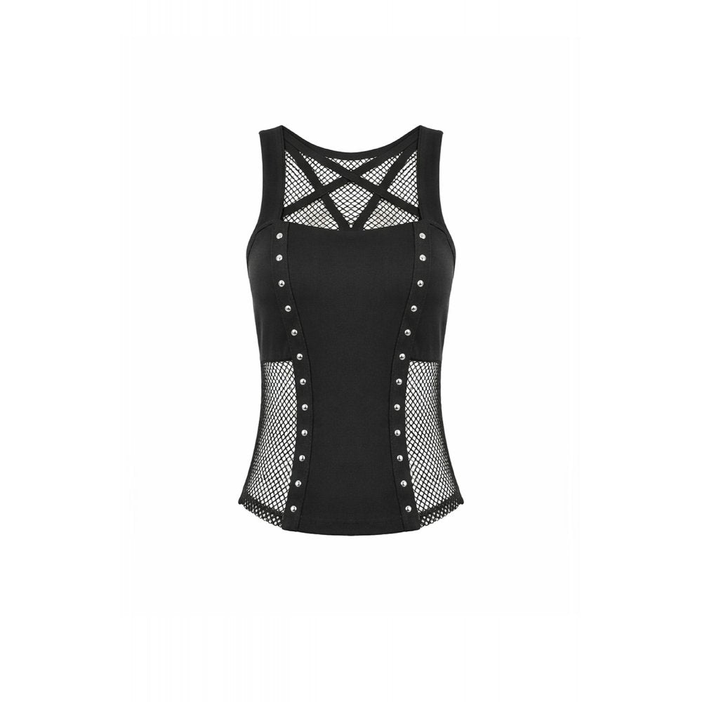 Schwarzes Oberteil Pentagram Mesh Punk Tank Top mit Pentagramm-Netzeinsatz und vertikalem Nietendekor-Band von Dark In Love