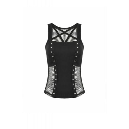 Schwarzes Oberteil Pentagram Mesh Punk Tank Top mit Pentagramm-Netzeinsatz und vertikalem Nietendekor-Band von Dark In Love
