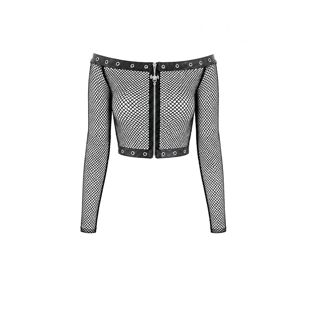 Schwarzes, schulterfreies Netzoberteil Mesh Matrix Fishnet Top mit Ösendetails und Reißverschluss von Dark In Love