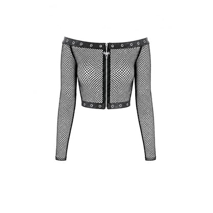 Schwarzes, schulterfreies Netzoberteil Mesh Matrix Fishnet Top mit Ösendetails und Reißverschluss von Dark In Love