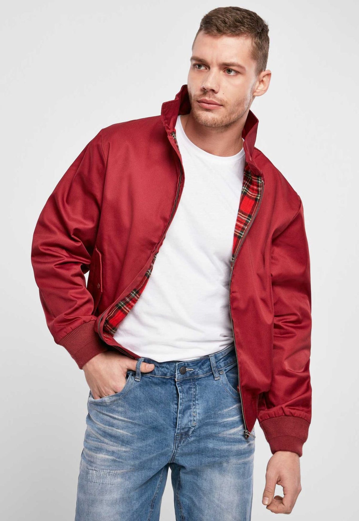 Rote Kult-Harrington-Jacke "Lord Canterbury" Bordeaux ohne Kapuze mit klassischem rot-karierten Innenfutter