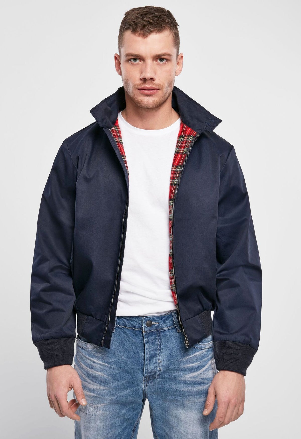 Dunkelblaue Kult-Harrington-Jacke "Lord Canterbury" Navy ohne Kapuze mit klassischem rot-karierten Innenfutter