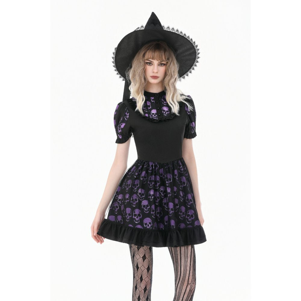 Schwarz/Lilanes kurzes Kleid, Purple Skull Whisper ist ein Dark-Lolita-Kleid mit Totenkopf-Print von Dark In Love
