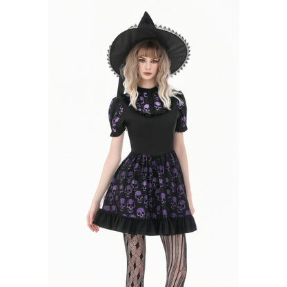 Schwarz/Lilanes kurzes Kleid, Purple Skull Whisper ist ein Dark-Lolita-Kleid mit Totenkopf-Print von Dark In Love