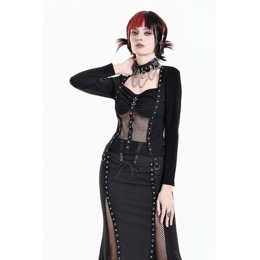 Schwarzes, langärmliges Oberteil Riveted Grid Top mit Nietendetails und Netzeinsätzen von Dark In Love