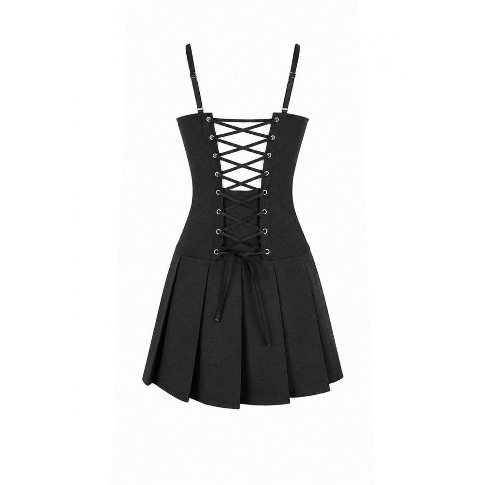 Schwarzes, kurzes Kleid Void Shackle Dress mit seitlichen Netzeinsätzen und Schnallendetails von Dark In Love