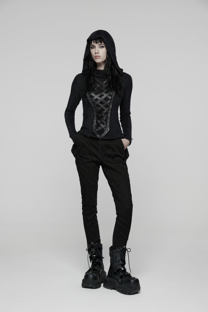 Schwarzes Gothic-Langarmshirt mit Kapuze und Webdetails Dark Weaver Hooded Top von Punk Rave