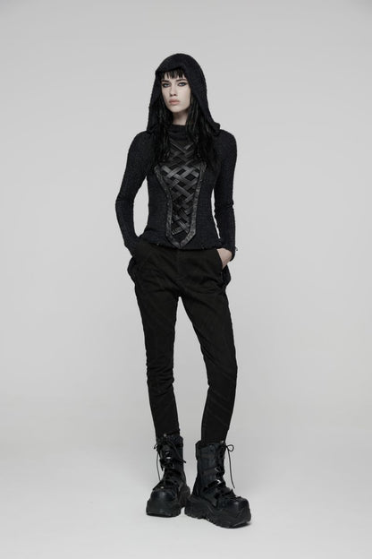 Schwarzes Gothic-Langarmshirt mit Kapuze und Webdetails Dark Weaver Hooded Top von Punk Rave