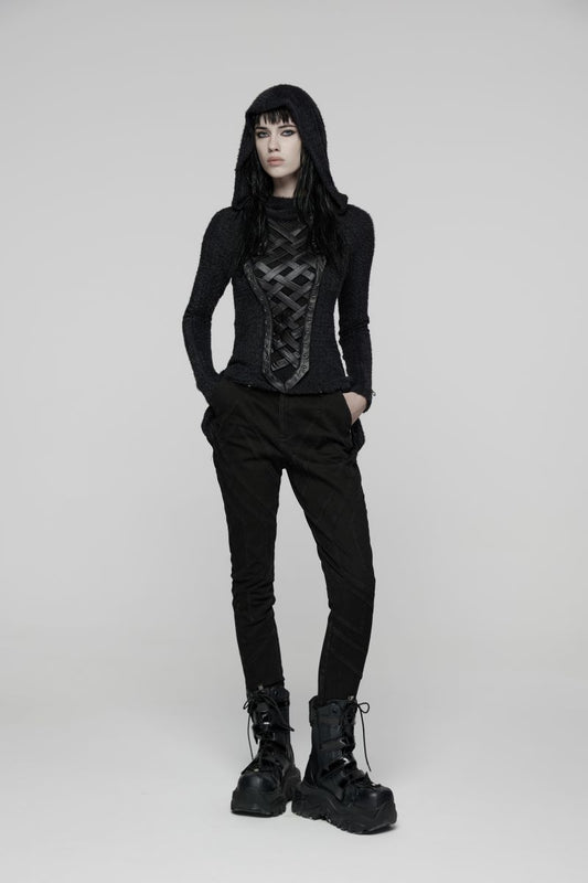 Schwarzes Gothic-Langarmshirt mit Kapuze und Webdetails Dark Weaver Hooded Top von Punk Rave