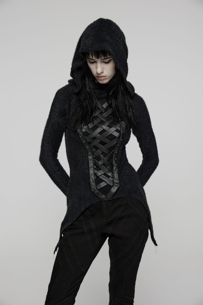 Schwarzes Gothic-Langarmshirt mit Kapuze und Webdetails Dark Weaver Hooded Top von Punk Rave